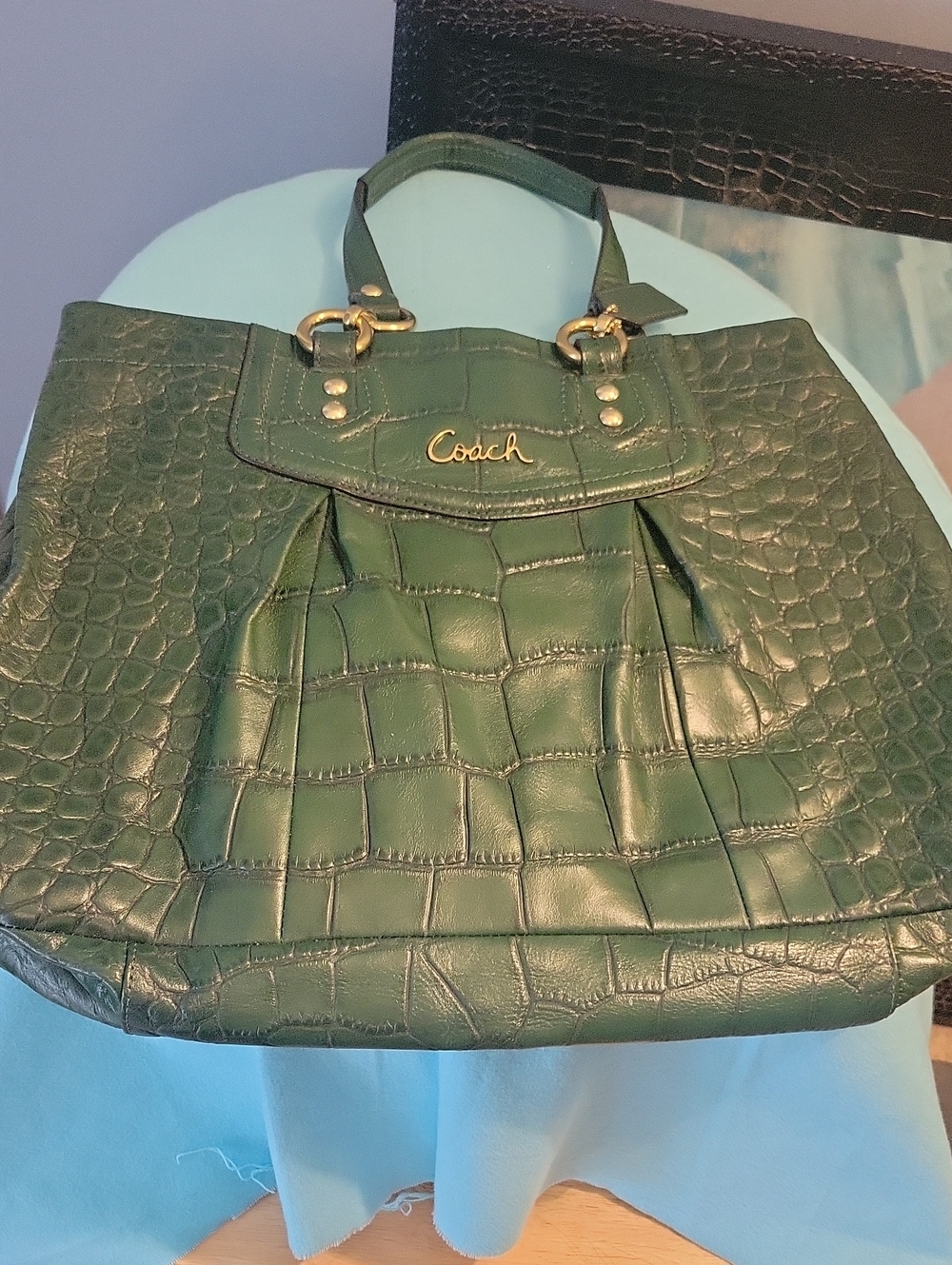 Vintage Coach Green Croc-Embossed Leather Tote